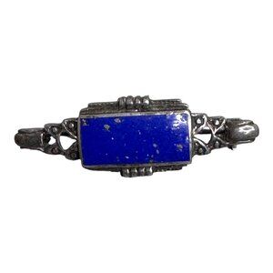 Vintage Sterling Silver Lapis Lazuli Art Deco Bar Pin Brooch Blue Gemstone 1.5"